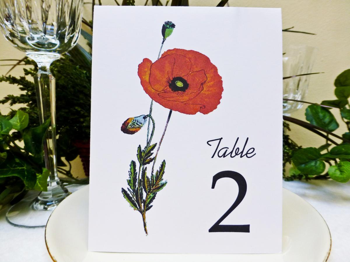 Wedding Table Card, Floral Table Card, Wedding Table Number, Wedding Table Tent, Poppy Flower Table Card